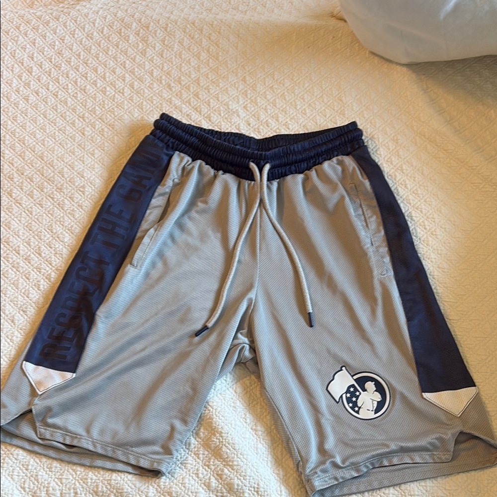 “Baseballism” Gray and Blue Athletic Shorts with Elastic Waistband